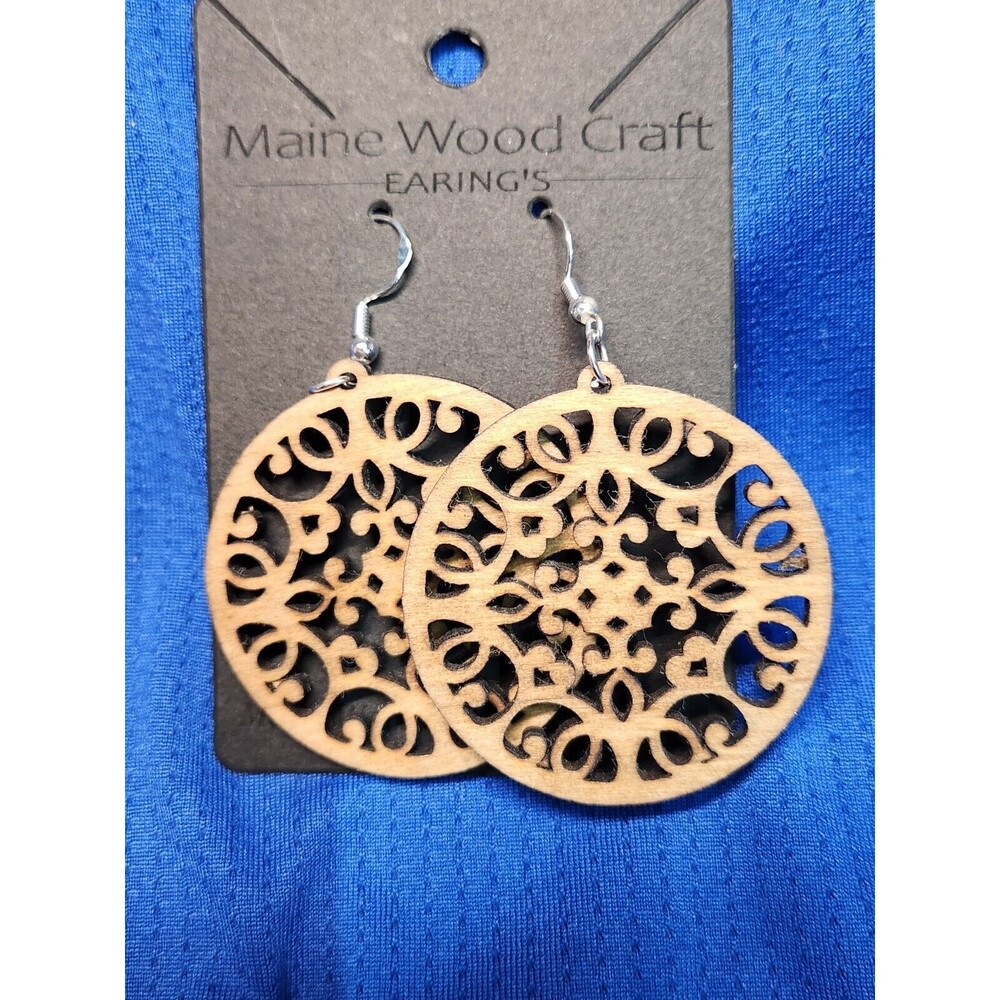 1 Pair Round Shaped Laser Cut Wooden Dangle Earrings Boho Style.